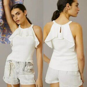 Anthropologie Maeve Ruffled Rib Halter Tank in White Size Extra Small (XS)